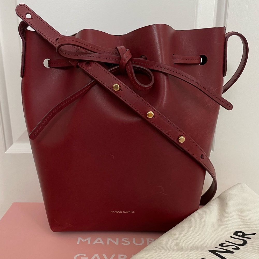 Mansur Gavriel Mini Bucket Bag in raw deep merlot Italian leather.
